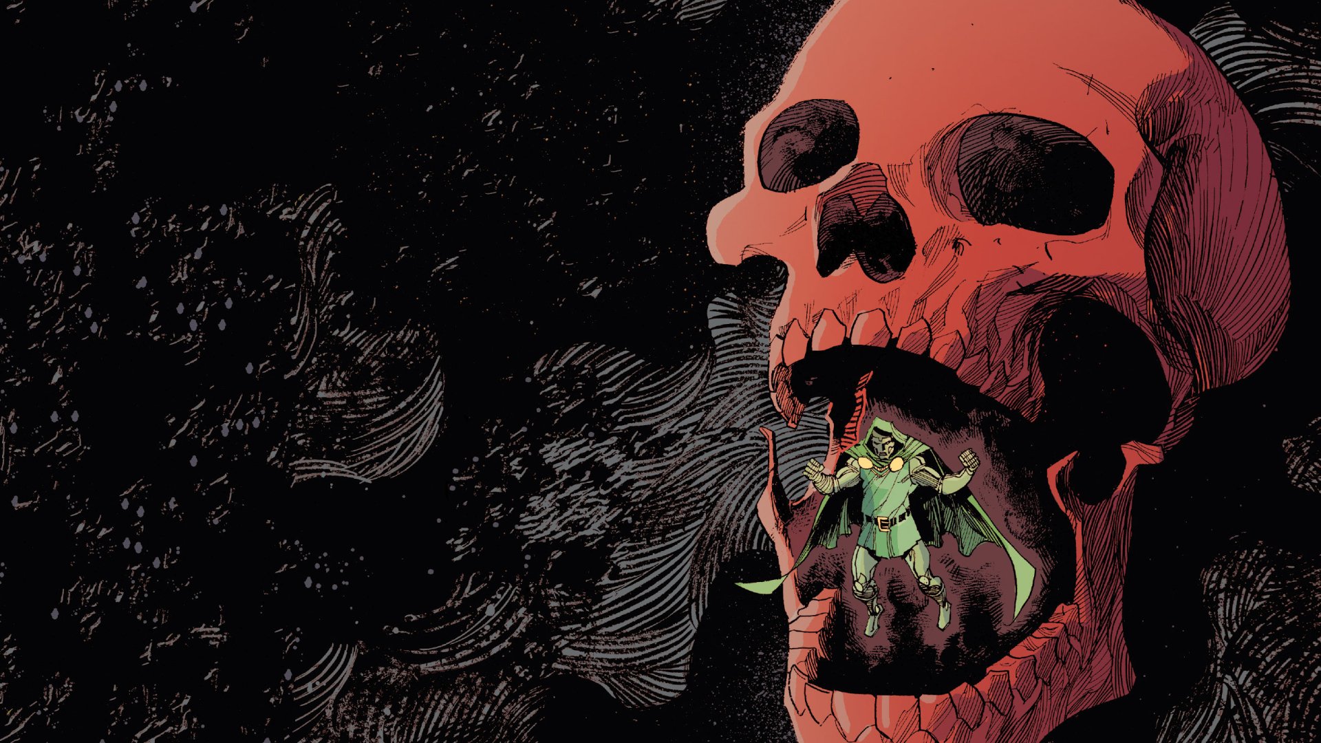 HD PC desktop wallpaper featuring a comic-style Doctor Doom standing inside the mouth of a large red skull against a dark, textured background.