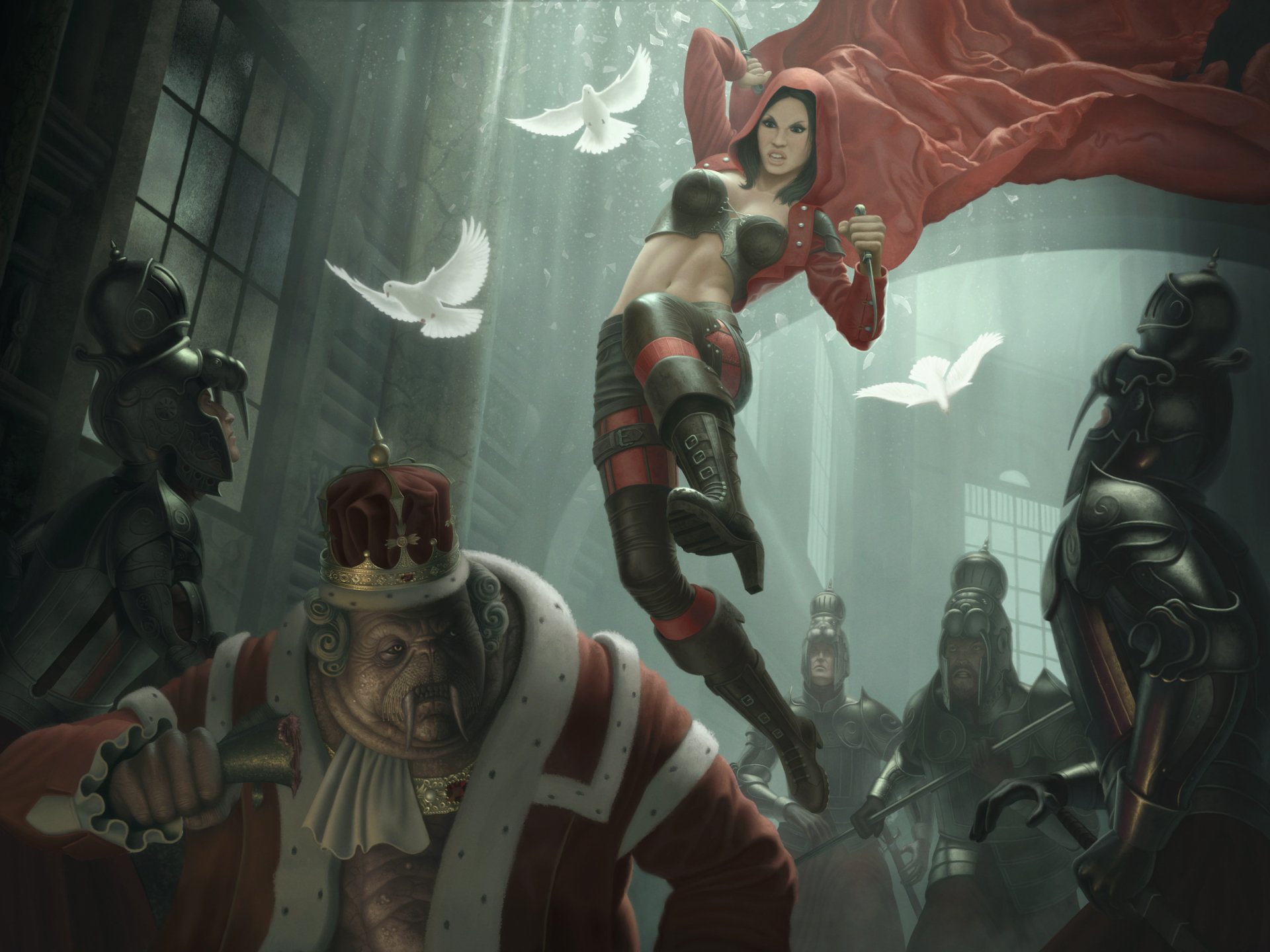 HD PC desktop wallpaper: fantasy woman warrior in a red cape leaps through a dim throne room as white doves circle and armored guards loom over a fallen crowned king.