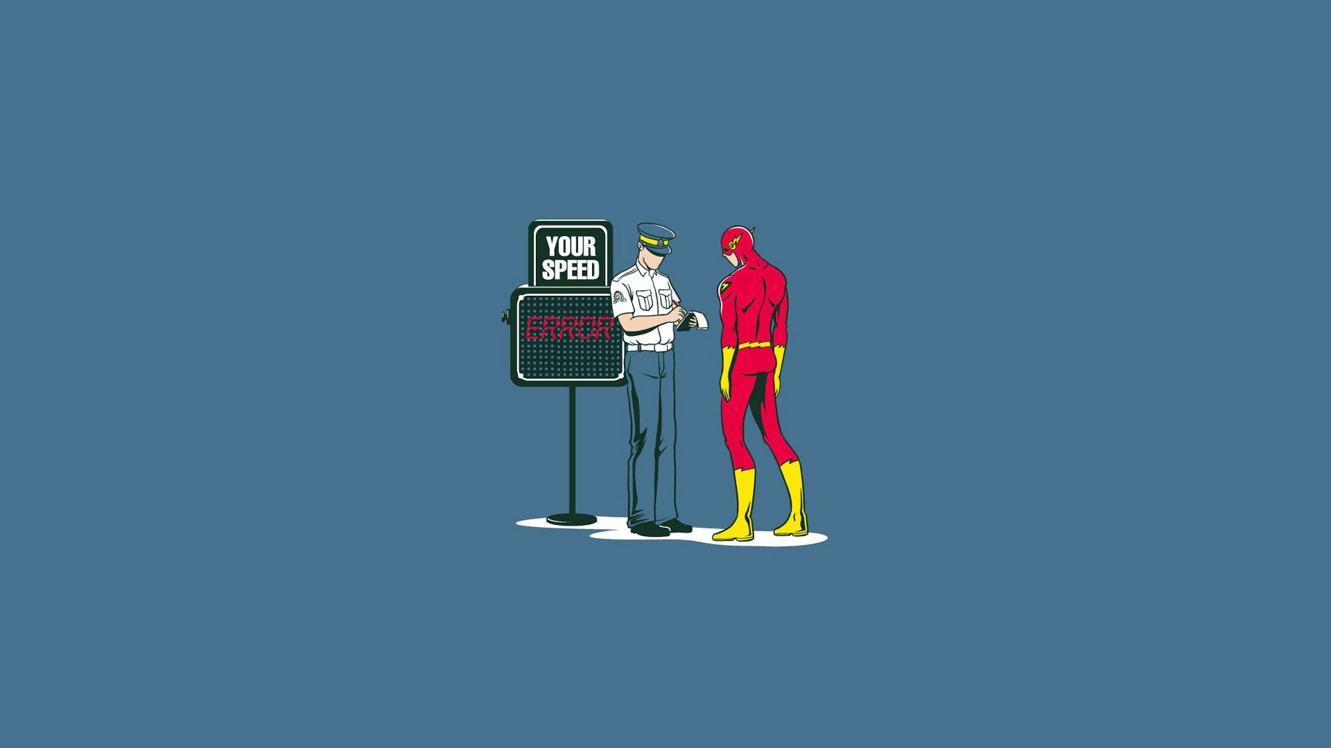 A comic-style HD wallpaper featuring The Flash being pulled over by a police officer, highlighting a humorous interaction about speed.
