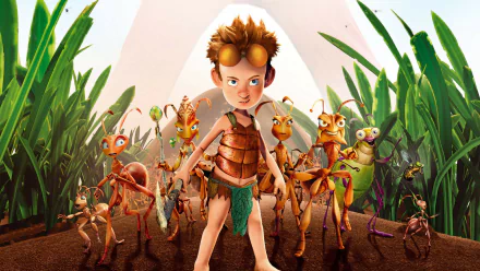 HD PC desktop wallpaper featuring characters from the video game The Ant Bully, showcasing a young boy in armor alongside various animated ants in a vibrant outdoor setting.