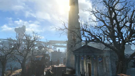A picturesque Fallout 4 HD desktop wallpaper featuring a sunlit landscape with a tall structure, bare trees, and remnants of a post-apocalyptic world.