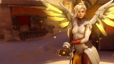 A high-definition desktop wallpaper featuring Mercy from Overwatch, showcasing her angelic design and healing abilities in a vibrant gaming environment.