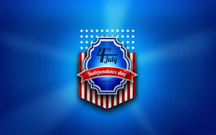 HD PC desktop wallpaper/background for 4th of July holiday: Independence Day badge with stars, stripes and a red ribbon centered on a radiant blue backdrop.