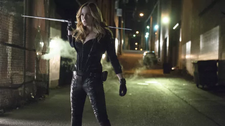 Caity Lotz as Black Canary poses confidently in a dimly lit alley, wielding a weapon, showcasing her fierce character from the TV show Arrow. HD wallpaper background.