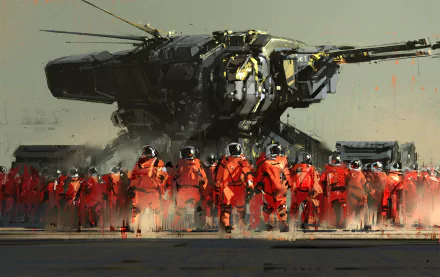 A striking sci-fi scene featuring a large weaponized mech with a row of soldiers in orange gear marching toward it, set against a dramatic backdrop. An engaging HD wallpaper for PC desktops.