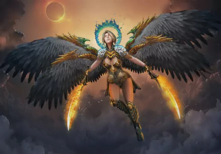 A fierce angel warrior with large dark wings and glowing swords soars through a cloudy, mystical sky in this 4K Ultra HD fantasy PC desktop wallpaper.