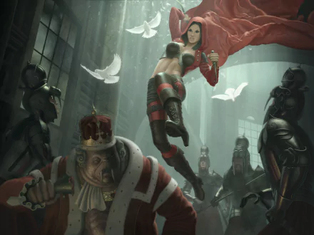 HD PC desktop wallpaper: fantasy woman warrior in a red cape leaps through a dim throne room as white doves circle and armored guards loom over a fallen crowned king.