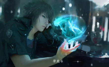 HD desktop wallpaper featuring Noctis Lucis Caelum from Final Fantasy XV, showcasing a magical scene from the video game.