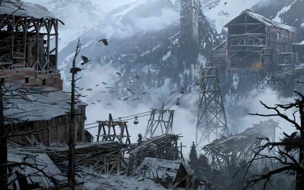 HD desktop wallpaper of Rise of the Tomb Raider featuring a misty, mountainous landscape with old wooden structures and scaffolding, set against a backdrop of snow-covered peaks.