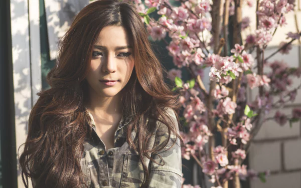 khaki blossom hair asian model woman Kookai HD Desktop Wallpaper | Background Image
