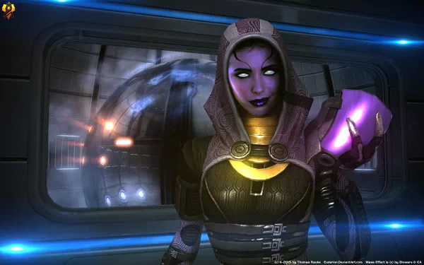 4K Ultra HD desktop wallpaper featuring Tali'Zorah, the iconic alien from the sci-fi video game Mass Effect, in a futuristic spaceship setting.