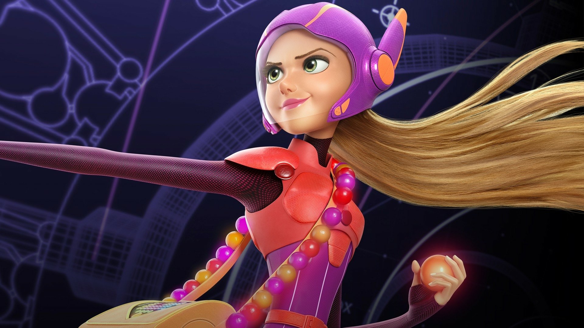 A dynamic HD wallpaper featuring a character from the movie Big Hero 6, showcasing her in a vibrant, action-ready pose with colorful accents and a confident expression.