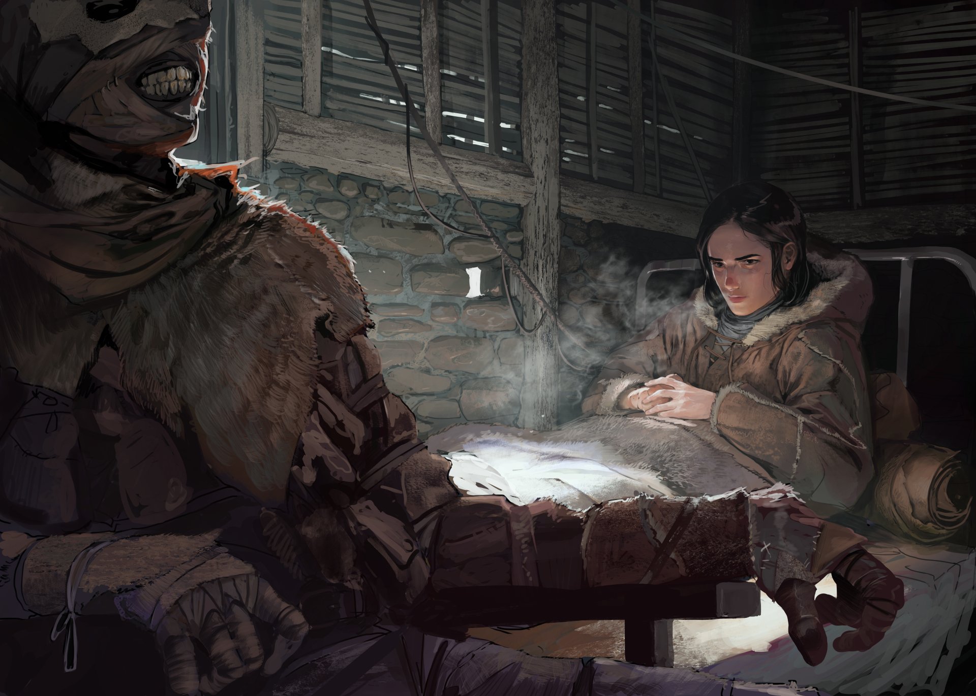 Dark, eerie 8K Ultra HD PC desktop wallpaper depicting a grim zombie in tattered clothing and a tense woman in a dim, rustic interior.