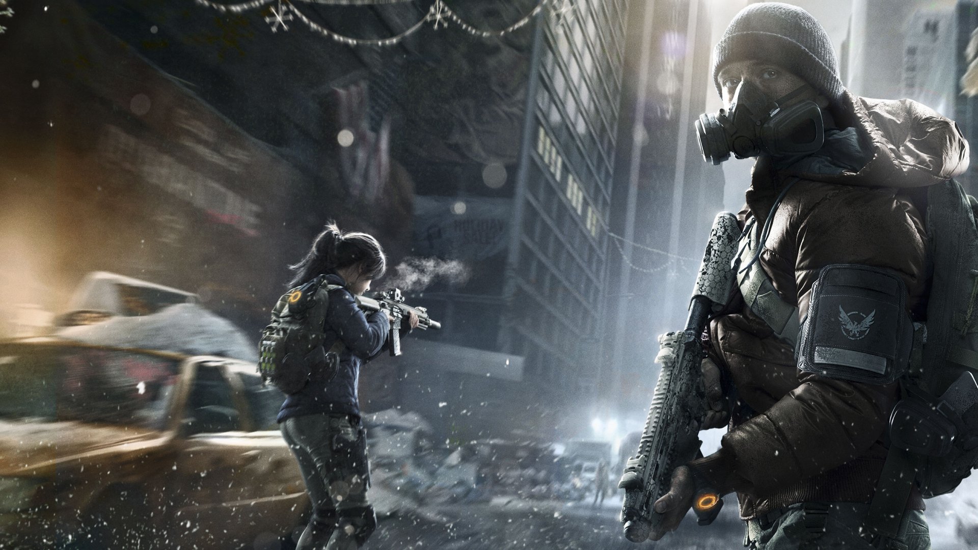 HD PC desktop wallpaper featuring armed agents in tactical gear navigating a snowy urban environment from the video game Tom Clancy's The Division.