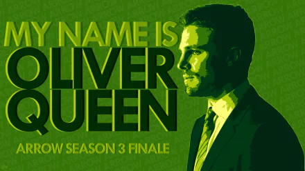 A vibrant HD wallpaper featuring Stephen Amell as Oliver Queen from the TV show Arrow, highlighting a scene from the Season 3 finale with bold text.