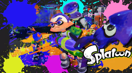 HD Splatoon wallpaper featuring characters in combat with vibrant ink splashes on a chaotic battlefield.