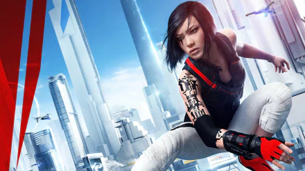 HD PC desktop wallpaper featuring Faith Connors from the video game Mirror's Edge Catalyst in a dynamic urban parkour pose against a futuristic cityscape background.