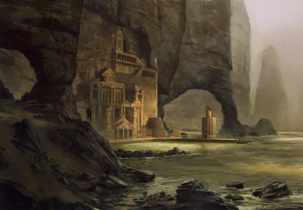 A stunning fantasy landscape featuring the ruins of Atlantis, set against towering cliffs and a tranquil sea, showcasing an evocative blend of natural beauty and mythical architecture.