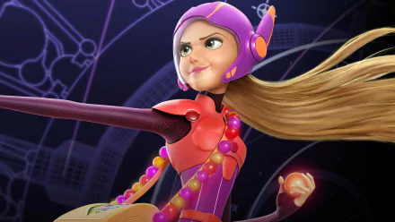 A dynamic HD wallpaper featuring a character from the movie Big Hero 6, showcasing her in a vibrant, action-ready pose with colorful accents and a confident expression.