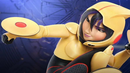 A dynamic character from the movie Big Hero 6, dressed in a sleek yellow suit, strikes an action pose against a futuristic blue background. This HD PC desktop wallpaper captures the excitement of the film.