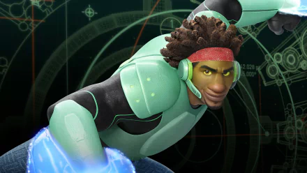 A dynamic character from the movie Big Hero 6, featuring vibrant colors and a tech-inspired design, set against a digital background, suitable as an HD PC desktop wallpaper.