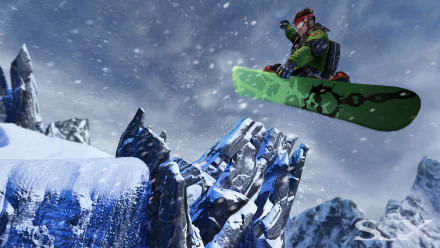 HD PC desktop wallpaper/background from the video game SSX 3 showing a snowboarder launching off icy cliffs over jagged, snow-covered peaks beneath a stormy sky.