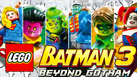 HD PC desktop wallpaper featuring LEGO Supergirl and other characters from the video game LEGO Batman 3: Beyond Gotham in vibrant action poses.