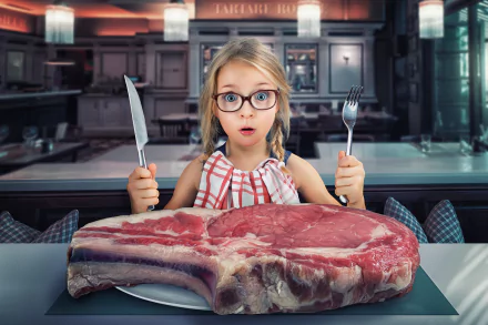 A surprised child holds a knife and fork in front of a large cut of meat, blending humor and whimsical photography in a vibrant HD desktop wallpaper.