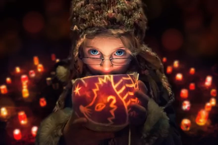 A child with blue eyes and glasses holds a glowing candle at night, surrounded by numerous lit candles, creating a warm and enchanting atmosphere in this HD desktop wallpaper.