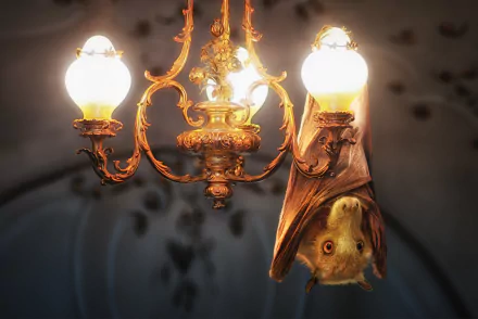 An artistic HD desktop wallpaper featuring a chandelier with glowing lights and a bat hanging upside down, showcasing creative photography manipulation.