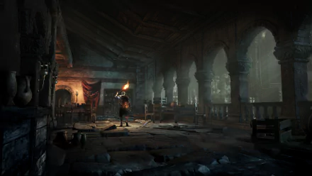 HD desktop wallpaper of Dark Souls III featuring a lone warrior holding a torch in a dimly lit, ancient architectural setting with archways and detailed stonework.