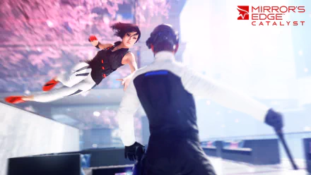 Action-packed scene featuring Faith Connors from the video game Mirror's Edge Catalyst, as she leaps dynamically through a vibrant environment, showcasing her agility and combat skills.