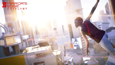 A dynamic scene from Mirror's Edge Catalyst showcases Faith Connors in mid-leap, surrounded by a futuristic cityscape illuminated by sunlight.