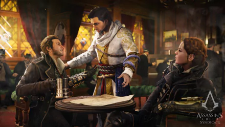 Evie Frye and Jacob Frye engage in a strategic conversation with another character in this vibrant scene from the video game Assassin's Creed: Syndicate, showcased in 4K Ultra HD.