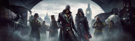 HD desktop wallpaper from Assassin's Creed: Syndicate featuring main characters Jacob and Evie Frye in Victorian London.