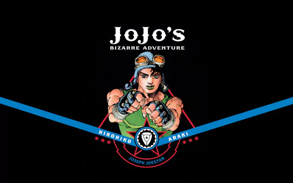 HD PC desktop wallpaper/background featuring Joseph Joestar from the anime JoJo's Bizarre Adventure: vibrant portrait centered on a black field with the series logo and blue diagonal accents.