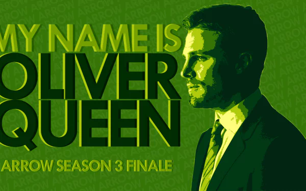 A vibrant HD wallpaper featuring Stephen Amell as Oliver Queen from the TV show Arrow, highlighting a scene from the Season 3 finale with bold text.