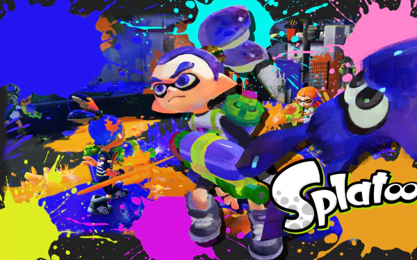 HD Splatoon wallpaper featuring characters in combat with vibrant ink splashes on a chaotic battlefield.