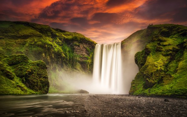 Earth Skógafoss Waterfalls Waterfall Iceland Glow Sunset HD Wallpaper | Background Image