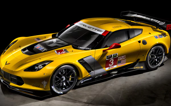 4K Ultra HD wallpaper featuring a yellow Chevrolet Corvette C7.R race car with sleek design and detailed decals on a dark background.