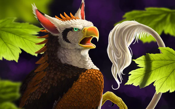A detailed HD fantasy griffin with a fierce beak, vibrant feathers, and a flowing tail set against a dark purple background with bright green leaves.