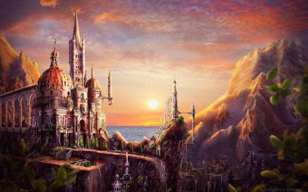 Fantasy Castle Castles Sunset Sea Mountain Waterfall Sun HD Wallpaper | Background Image