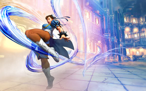 Chun-Li from Street Fighter V performs a dynamic kick, surrounded by swirling blue energy, set against a vivid backdrop, creating an engaging HD desktop wallpaper.