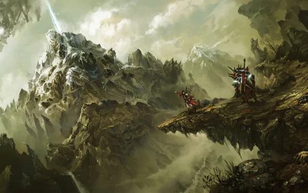 HD wallpaper of warriors from the video game World of Legend standing on a rugged cliff, with a mystical mountain landscape and a beam of light in the background.