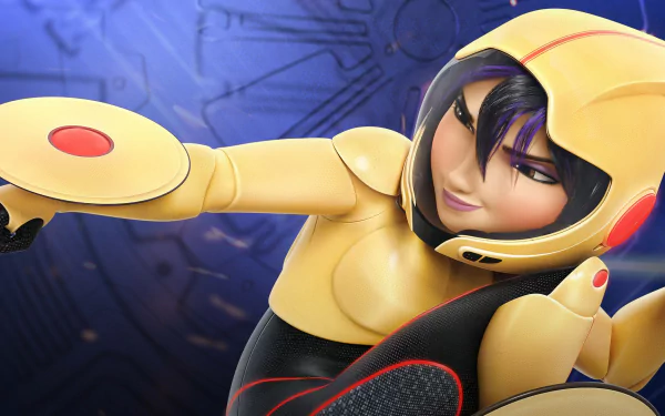 A dynamic character from the movie Big Hero 6, dressed in a sleek yellow suit, strikes an action pose against a futuristic blue background. This HD PC desktop wallpaper captures the excitement of the film.