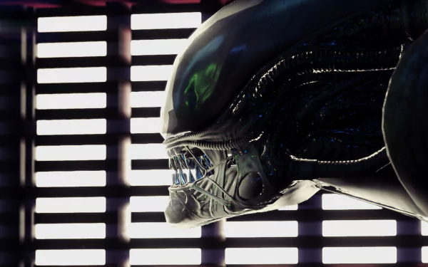 A stunning 4K Ultra HD wallpaper featuring an alien from the video game Alien: Isolation, showcasing intricate details against a striped background.