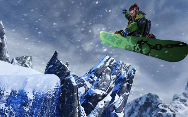 HD PC desktop wallpaper/background from the video game SSX 3 showing a snowboarder launching off icy cliffs over jagged, snow-covered peaks beneath a stormy sky.