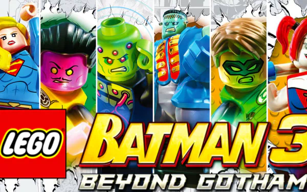 HD PC desktop wallpaper featuring LEGO Supergirl and other characters from the video game LEGO Batman 3: Beyond Gotham in vibrant action poses.