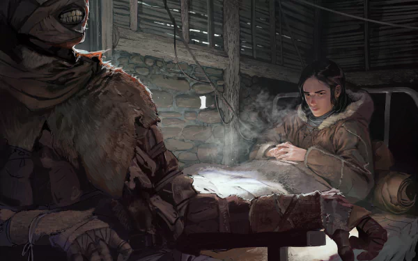 Dark, eerie 8K Ultra HD PC desktop wallpaper depicting a grim zombie in tattered clothing and a tense woman in a dim, rustic interior.