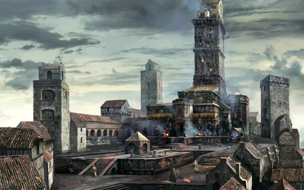 8K Ultra HD desktop wallpaper featuring a detailed, dark medieval cityscape from The Witcher 3: Wild Hunt video game, showcasing iconic architecture and atmospheric skies.